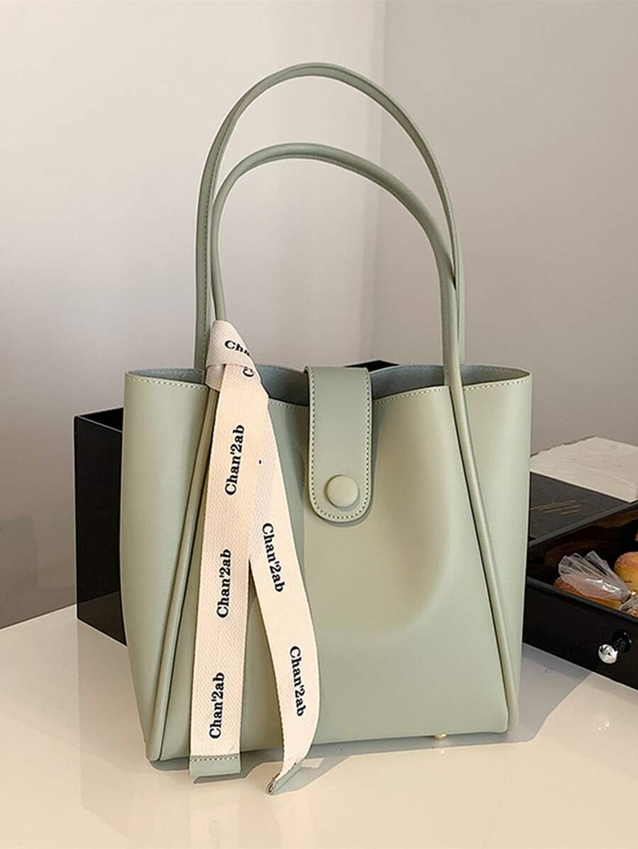 Letter Tape Decor Shoulder Tote Bag - Mint Green - View 1