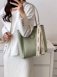 Letter Tape Decor Shoulder Tote Bag - Mint Green - View 2