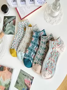 5 pares Calcetines tobilleros con patrón floral - Multicolor - Ver 1