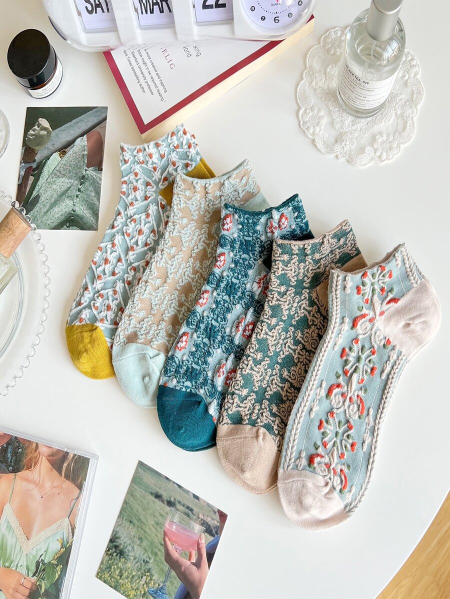 5 pares Calcetines tobilleros con patrón floral - Multicolor - Ver 1