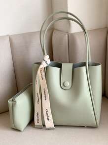 Letter Tape Decor Shoulder Tote Bag - Mint Green - View 5
