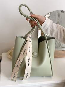 Letter Tape Decor Shoulder Tote Bag - Mint Green - View 6
