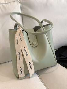 Letter Tape Decor Shoulder Tote Bag - Mint Green - View 7