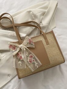 小草編包紙貼布和絲巾裝飾撞色滾邊,完美適合夏天海灘旅行度假 - 彩色 - 查看 7