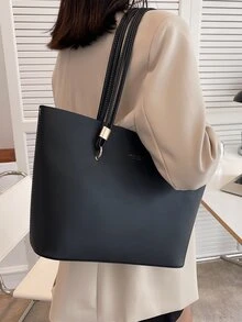 極簡單肩托特包 - 黑色 - 查看 4