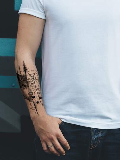 紋身貼紙,1張狼樣式一次性紋身適合女士,紋身貼紙成年人,逼真紋身貼狼,適合女士和女孩