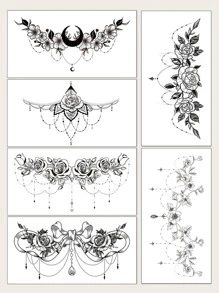 STARTTOOS Tattoo Sticker Kits, 6 Sheets Floral Pattern Tattoos For Children, Tattoo Stickers Adults, Realistic Tattoo Heart, Floral, For Women And Girls - Black - View 1
