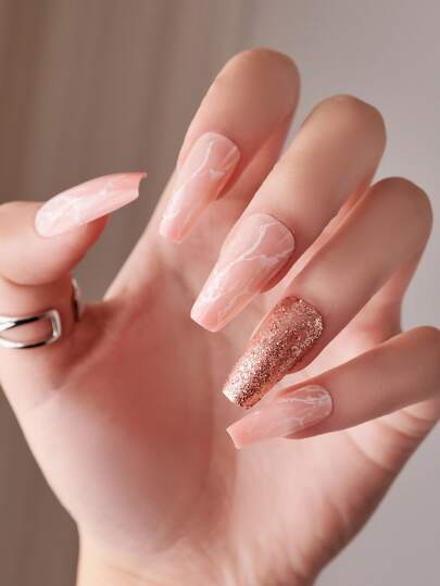 24片长棺材形大理石纹假指甲、1把指甲锉和1张指甲胶带