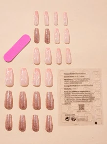 24片长棺材形大理石纹假指甲、1把指甲锉和1张指甲胶带 - 彩色 - 查看 2