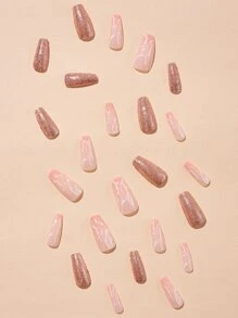 24片长棺材形大理石纹假指甲、1把指甲锉和1张指甲胶带 - 彩色 - 查看 3