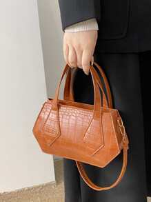 Crocodile Embossed Double Handle Novelty Bag - Brown - View 1