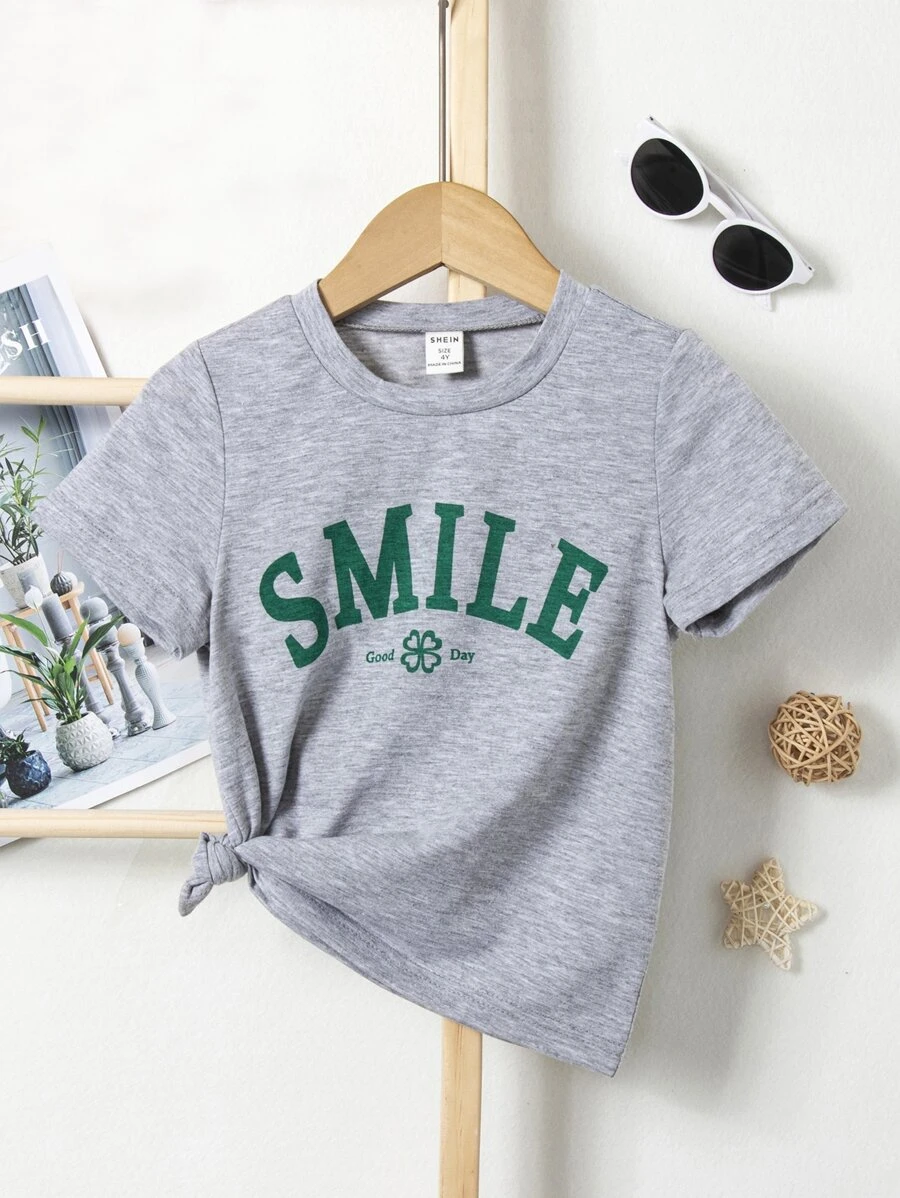 SHEIN Young Girl Casual Simple Letter Printed Short Sleeve T-shirt Suitable For Outdoor Activities In Summer - Grey - View 1