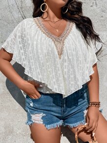 SHEIN LUNE Plus Swiss Dot Contrast Guipure Lace Butterfly Sleeve Blouse - White - View 4