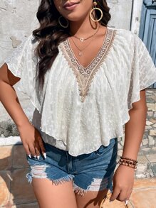 SHEIN LUNE Plus Swiss Dot Contrast Guipure Lace Butterfly Sleeve Blouse - White - View 1