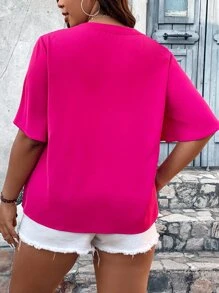 Celure Áo sơ mi Plus Size ghép mộng kim sa Khối Màu Giải trí - Màu Hồng Tươi - Xem 2