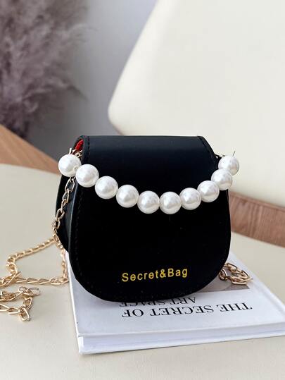 迷你人造珍珠裝飾翻蓋馬鞍包