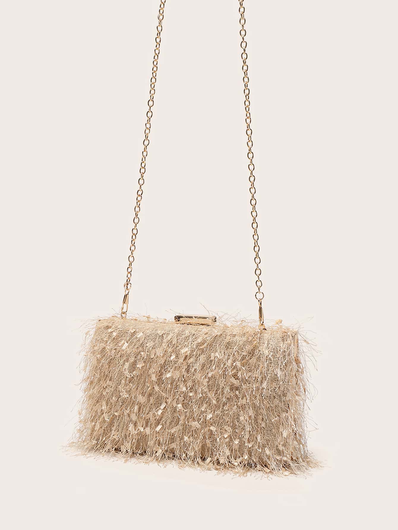 Bolsa De Noite Com Cadeia Decorativa De Franja Elegante Com Brilho, Glamorosa E Brilhante, Bolsa De Noiva Perfeita Para Casamento, Baile E Festa, Bolsa De Jantar Para Garotas De Festa E Mulheres, Presente Ideal Para Mulheres Em Festas, Casamentos, Bailes E Jantares/banquetes - Damasco - Ver 1