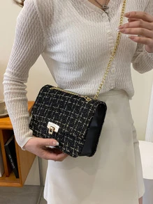 格紋圖案鏈條翻蓋方包 - 黑色 - 查看 2