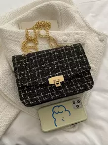 格紋圖案鏈條翻蓋方包 - 黑色 - 查看 5