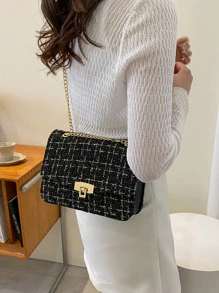 格紋圖案鏈條翻蓋方包 - 黑色 - 查看 6