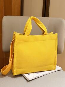 Letter Patch Decor Square Bag, Fashionable Butter Yellow Bag For Women, Literary School Bag For Teens, Book Bag For Women Or Students, Perfect For Books, Shopping, Back To School And More