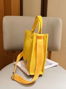 Letter Patch Decor Square Bag, Fashionable Butter Yellow Bag For Women, Literary School Bag For Teens, Book Bag For Women Or Students, Perfect For Books, Shopping, Back To School And More