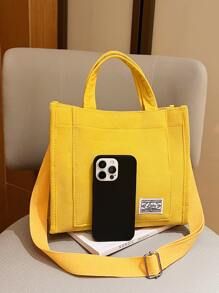 Letter Patch Decor Square Bag, Fashionable Butter Yellow Bag For Women, Literary School Bag For Teens, Book Bag For Women Or Students, Perfect For Books, Shopping, Back To School And More
