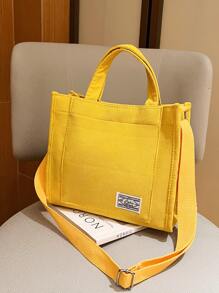 Letter Patch Decor Square Bag, Fashionable Butter Yellow Bag For Women, Literary School Bag For Teens, Book Bag For Women Or Students, Perfect For Books, Shopping, Back To School And More