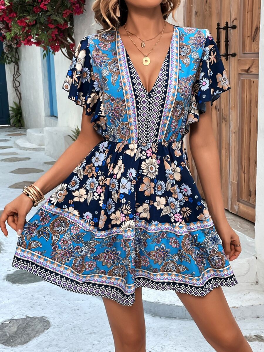 SHEIN VCAY Đầm Viên lá sen Hoa Bộ lạc Boho - Nhiều màu - Xem 1