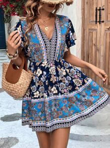 SHEIN VCAY Đầm Viên lá sen Hoa Bộ lạc Boho - Nhiều màu - Xem 6
