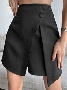EURMUSE Solid Button Detail Asymmetrical Hem Skort - Black - View 1