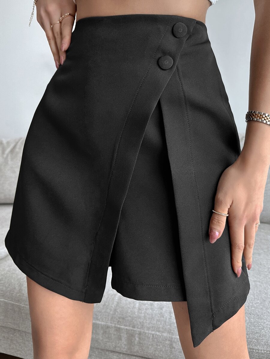EURMUSE Solid Button Detail Asymmetrical Hem Skort - Black - View 1