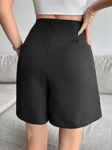 EURMUSE Solid Button Detail Asymmetrical Hem Skort - Black - View 2