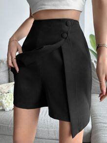 EURMUSE Solid Button Detail Asymmetrical Hem Skort - Black - View 3
