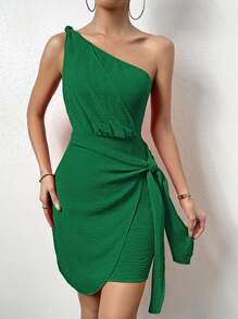 SHEIN Privé Vestido de un hombro con nudo lateral - Verde - Ver 6