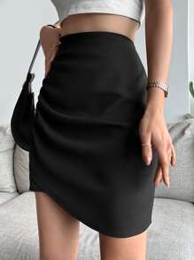 EURMUSE High Waist Tulip Hem Ruched Side Skirt - Black - View 3