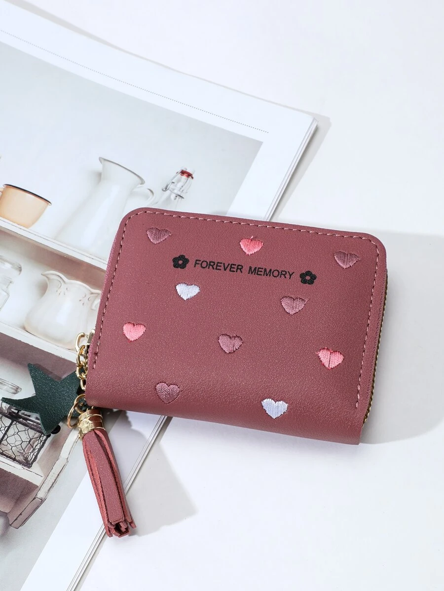 Heart Embroidery Tassel Decor Card Holder Lightweight Portable,Credit Card,ID Card White-Collar Workers,For Female,For Women Holiday,For Anniversary,For Birthday Gift Gift, Accessories, Gift - Hot Pink - View 1
