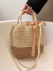 Minimalist Drawstring Design Straw Bag - Beige - View 1