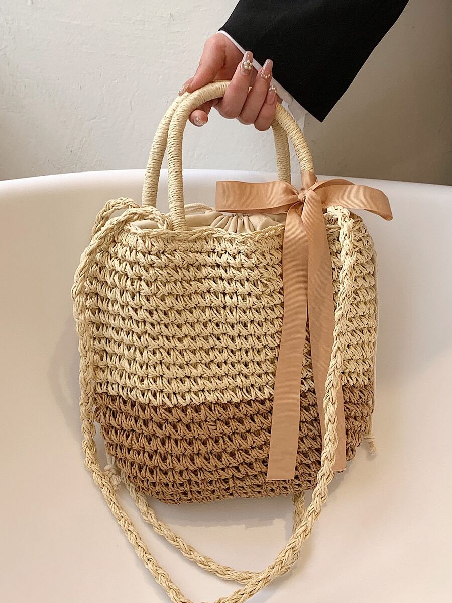Minimalist Drawstring Design Straw Bag - Beige - View 1