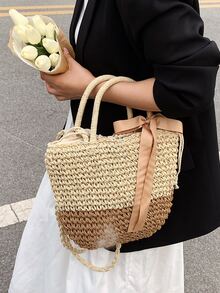 Minimalist Drawstring Design Straw Bag - Beige - View 2