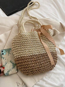 Minimalist Drawstring Design Straw Bag - Beige - View 5