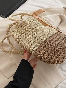 Minimalist Drawstring Design Straw Bag - Beige - View 6