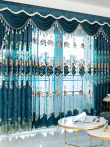 1 件奢华透明蕾丝刺绣窗帘，适用于客厅、餐厅、卧室、阳台、遮光窗帘，带索环 - 彩色 - 查看 1