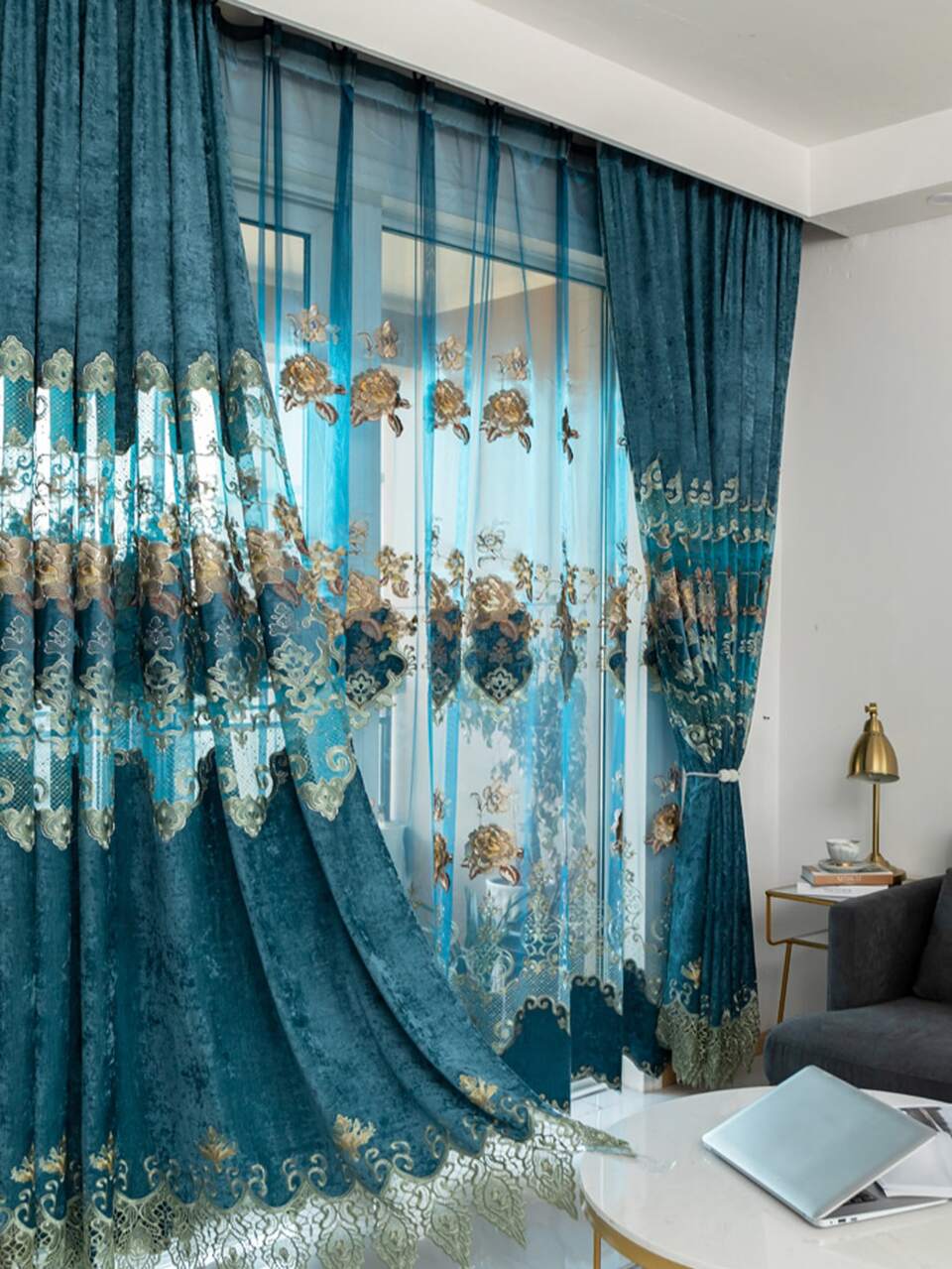 1pc Luxury Sheer Lace Embroidered Curtain For Living Room, Dining Room, Bedroom, Balcony, Blackout Curtain With Grommets
