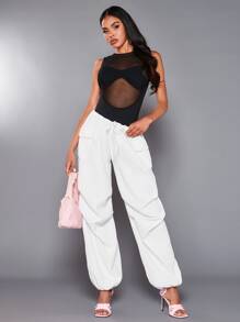 SHEIN BAE Drawstring Waist Flap Pocket Cargo Trousers - White - View 3