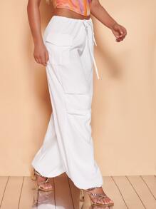 SHEIN BAE Drawstring Waist Flap Pocket Cargo Trousers - White - View 4