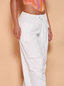 SHEIN BAE Drawstring Waist Flap Pocket Cargo Trousers - White - View 5