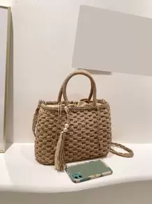 Portable, Lightweight Tassel Decor Drawstring Design Straw Bag, Teacher, For Teen Girls Women College Students Perfect For School, College, Teachers' Day, Outdoors, Travel, Outings, Back To School, Classic Casual, Suitable For Teen Girls Women College Students Holiday, Beach, Vacation, Eye-Catching Beach Bag Summer, Summer Straw Beach Bag For Women, Hottest Beach Bags For Women, Fashion Summer Vacation Bag, Beach Essentials Women Bags For Vacation & Holiday, Newest Holiday Bag