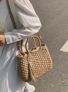 Portable, Lightweight Tassel Decor Drawstring Design Straw Bag, Teacher, For Teen Girls Women College Students Perfect For School, College, Teachers' Day, Outdoors, Travel, Outings, Back To School, Classic Casual, Suitable For Teen Girls Women College Students Holiday, Beach, Vacation, Eye-Catching Beach Bag Summer, Summer Straw Beach Bag For Women, Hottest Beach Bags For Women, Fashion Summer Vacation Bag, Beach Essentials Women Bags For Vacation & Holiday, Newest Holiday Bag