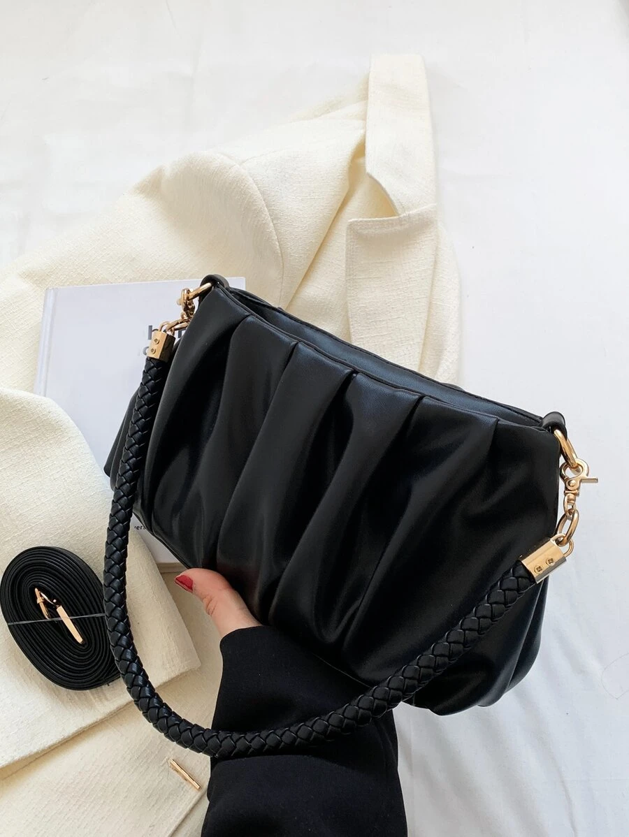 Vintage Bag, Winter Bag, Fashion Pleated Pu Leather Shoulder Bag, Women's Handbag, Crossbody Bag, Suitable For Girls, Students, White-Collar Workers, Commuting, Daily Collocation, Leisure, Shopping, Travel, Gifts. - màu đen - Xem 1